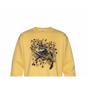 Vintage Cat Graphic Crewneck Sweatshirt Medium Yellow Cottagecore Cozy Animal